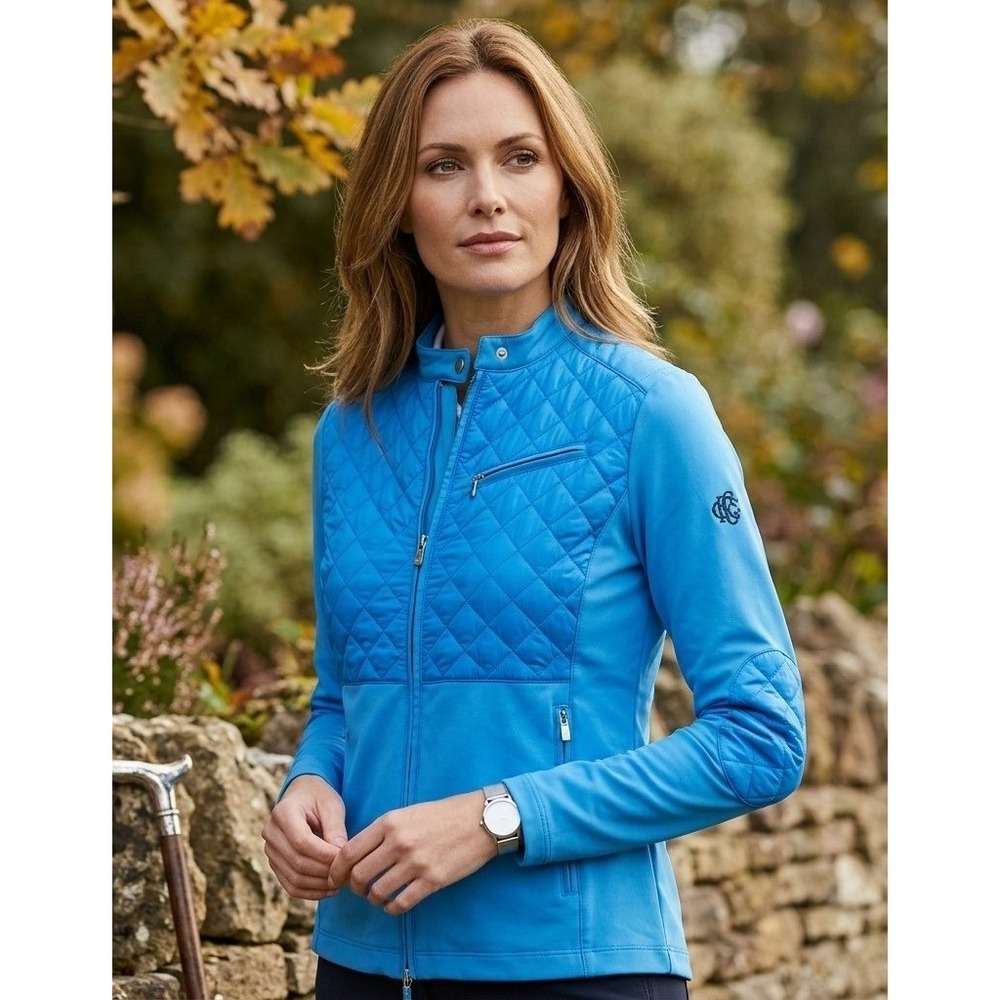 G/FORE Hybrid Moto Jacket Women M Blue Quilted Puffer Panel Elbow Patches